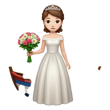 Chica blanca,cuerpo entero, vestido boda cuello barco y , pelo castaño,   1 ramo de flores , pelo recogido con tiara sticker