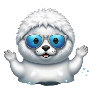 A fluffy, all white, tiny Seal having fun in lake while wearing sunglasses sticker