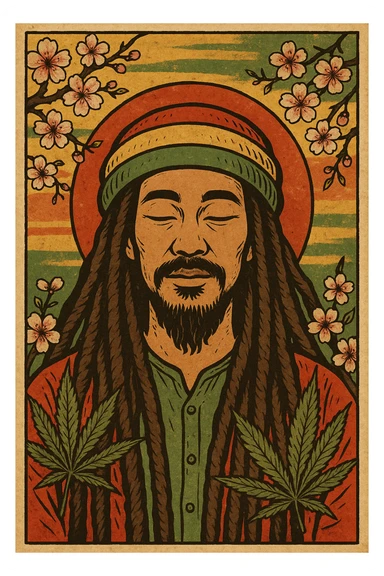Vintage poster of an Asian Rasta with long dreadlocks, peaceful eyes, and a red-gold-green tam. Surrounded by cherry blossoms and ganja leaves. Background blends Rasta colors into an Asian flag (e.g., red sun from Japan or Chinese star). Retro reggae fusion vibe, with bold lines and aged paper texture.
 sticker