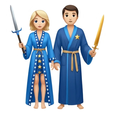 An upright Europe (a tall woman), wearing a blue, flowing robe with stars on the hem. In the background stands a man, with a knife sticker