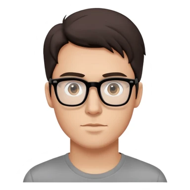 Digital illustration, inspired by Apple emojis, showcases a young Caucasian man from the shoulders up, with smooth, light peach skin and subtle shading on his face. His dark brown hair is styled neatly, and he wears black, rectangular eyeglasses reflecting a dual-colored computer screen; dressed in a gray t-shirt with a simple black graphic, the image is crisp, clean, and captures his expression and unique details in perfect focus. sticker
