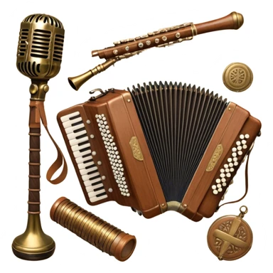 Create a colorful and cultural humanless emoji representing folk singing. The design should feature a collage of traditional folk instruments, such as a wooden flute (dudka), a button accordion (harmon), a set of gusli, and a tambourine (buben), all arranged in a harmonious, flowing design around a vintage microphone. The instruments should have earthy, natural tones like wood browns, brass accents, and vibrant colors reflecting their folk origins. Add subtle musical notes to tie the elements together, symbolizing the power of folk music. The background should be transparent. sticker