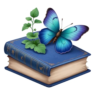 A vintage book with a worn blue cover, open to reveal pressed pansies and a resting green butterfly. sticker
