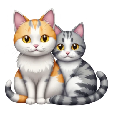 grey and white cat cuddling a colourful light patched calico + white tabby cat sticker