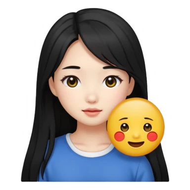 cute Korean girl with black long hairstyle and black eyes, emoji style sticker