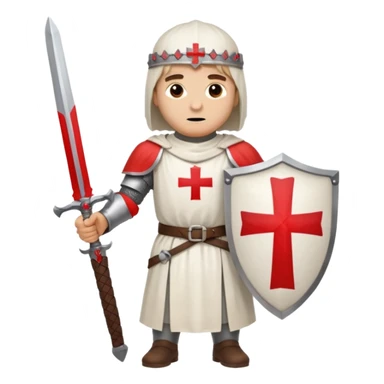 knight templar standing with sword, white tunic, red cross sticker
