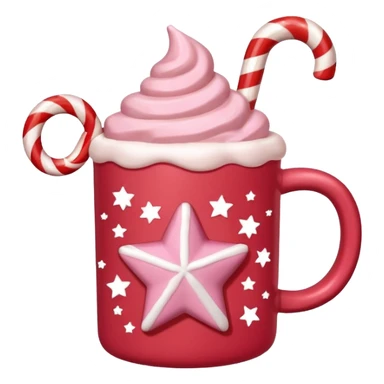 hot chocolate in red and pink pastel christmas mug with stars and candy cane, trendy aesthetic sticker