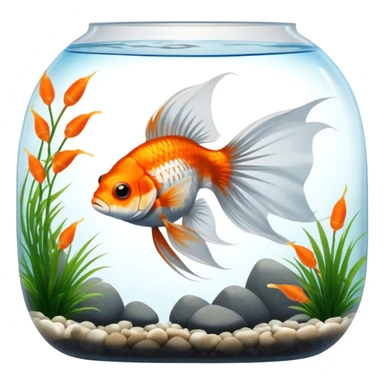Large aquarium fish like veil tails and lionhead goldfish swimming gracefully in a beautifully decorated aquarium. Colorful aquatic plants, smooth rocks, and gentle bubbles surround the fish. The water shimmers in sunlight, creating a peaceful and vibrant underwater scene. Transparent background. sticker