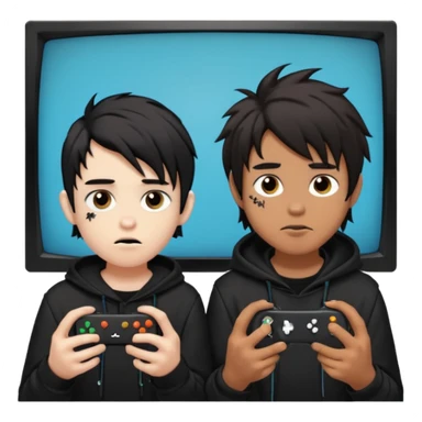 pale Goth boy with a bunch of face piercings, with shaggy dark brown hair, next to a Carmel  skin gamer boy with long black hair , they are watching tv together  sticker