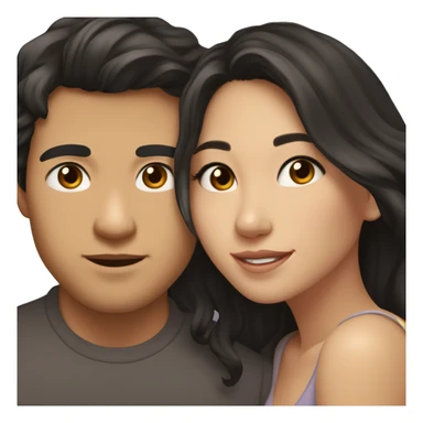 A half pale Asian man with short dark hair and amber eyes embracing and loving a half Asian woman with long wavy dark hair and dark hazel eyes. They love each other a lot And have good fashion taste. And are having a lot of fun sticker