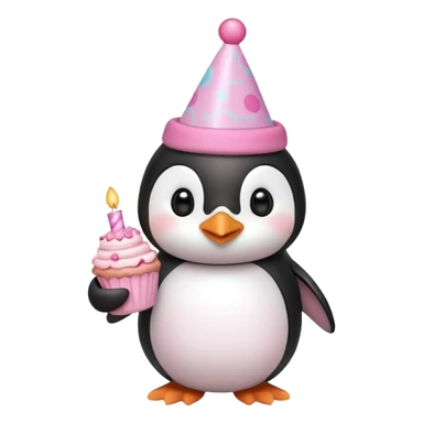 cute penguin  hold a pink birthday cake in both arms with pink birthday hat sticker