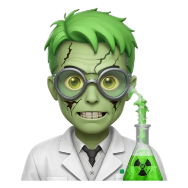 radioactive zombie scientist portrait, head and shoulders only, glowing toxic veins, cracked goggles, lab coat with radiation badge, sinister smile, 3D cartoon, mobile game icon style, clean background, no text, no watermark
 sticker