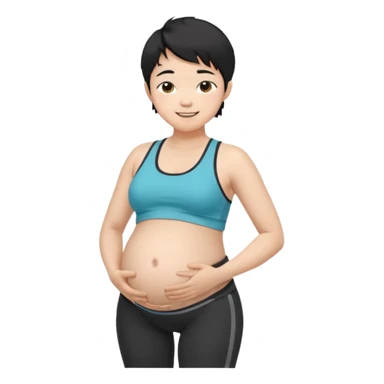 pregnant asian boy with short messy black hair wearing a sports bra with leggings holding his belly sticker