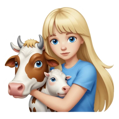 Woman whit hair long and blonde bangs in front, blue eyes, white t shirt hugging a cow sticker