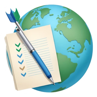 Create an emoji representing language translation. The design should feature a globe in the background, symbolizing international communication. In front of the globe, place two books or sheets of paper with texs on them and a pen nearby to indicate the act of writing. Add two simboloic arrows pointing in opposite directions between the sheets to represent the translation process. Use a clean and professional color palette with blues, greens, and neutral tones. Make the background transparent. sticker