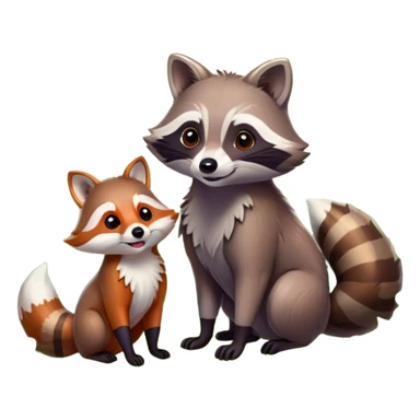 raccoon and a fox among a colorful forest with vibrant green trees, bushes and flowers. The animals are in the foreground, surrounded by a lush, bright forest, with soft sunlight filtering through the leaves. A playful photo-realistic and wild scene with a transparent background. sticker