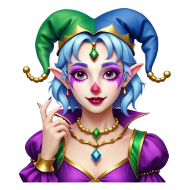 Cinematic girl in the style of a Jester, Ultra realistic 32k HD, Breathtaking piece of art, rim lighting, hauntingly beautiful art, vibrant colors, Balanced features, highly detailed digital artwork, glowing with silver light, glowing, high shine, deviant adoptable, highly detailed clothing, remembrance, a painting of white silver, fanciful, enchanting, ghostly, embodying the essence of both reality and fantasy, dreamy, dreamy glow, optical illusion, immaculate composition, complex pose, air composition. The image is so lifelike that it feels as though it could leap off the canvas at any moment sticker