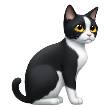 a tuxedo cat with black ears and white face, yellow eyes, clipped ear sticker