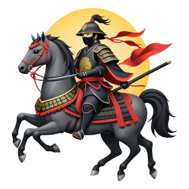 clash-of-clans-aesthetic_-cinematic-fearsome-and-majestic-samurai-bust-portrait-emoji, rendered in a flat, vector-style with minimal shading and bold, simplified shapes typical of emoji art, depicting a battle-hardened samurai with black mask and traditional black Japanese armor. The samurai is riding a noble grey warhorse adorned with an intricately designed saddle and fluttering banners and a rising sun. a samurai riding on a  horse sticker