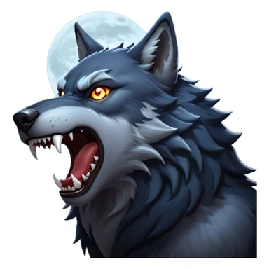 cinematic-noble-fierce-werewolf-howling-portrait-emoji, poised-and-imposing, with a fierce wolfish face tilted upwards in a haunting howl, glowing eyes full of primal ferocity, sharp, and a rugged snout, fur rippling in shades of midnight black and silver, muscles tensed as the powerful howl echoes beneath the moonlit sky; rendered with realism, capturing the raw, untamed power of the beast in its wild, primal state sticker