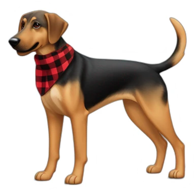 adult 75% Coonhound 25% German Shepherd mix dog with visible tail wearing small pointed red buffalo plaid bandana full body walking left quickly sticker