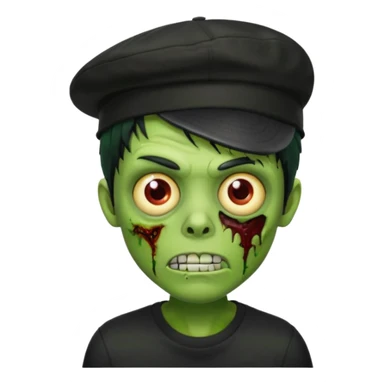 Green zombie, black hair, designer cap turned to the left, black shirt. Apple iOS style. sticker