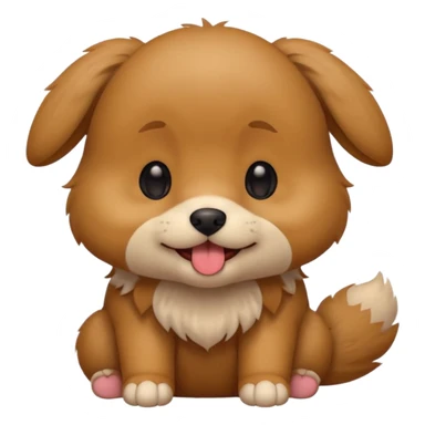Cute small brown fluffy dog emoji icon. Round face, short muzzle, light brown fur with slightly darker ears, small black nose, happy smiling expression with tongue out. Soft friendly eyes, sitting pose with front paws together. Simple clean vector style, minimal details, kawaii style. sticker