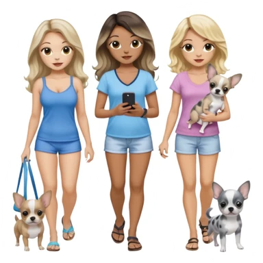 Three pretty women in beach clothes walking 2 dogs, blue and gray spotted Merle Frenchie and walking a black and tan chihuahua puppy, holding iPhone, hazel eyed light skin with dark blonde long hair and light skin hazel eyed long wavy dark hair, blue eyed light skin long blonde hair  sticker
