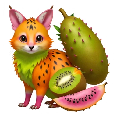 Hyper realistic  tropical-fruit-splash-colored fur of kiwi-green-lime-green-gradients, papaya-orange, and dragonfruit-pink chaos beautiful elegant pretty precious cute  Fakémon-Pokémon-opossum-feline-serval-caracal-chinchilla-Furret-Minccino-hybrid-creature with a big fluffy bushy tail (full body) sticker
