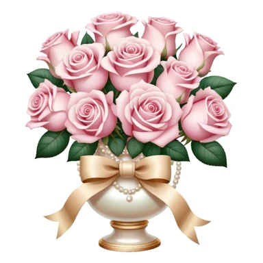 Realistic aesthetic powder pink and white  rose bouquet  in a pearl vintage vase and a beige bow with gold decoration  sticker