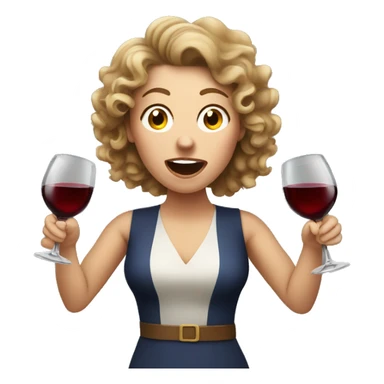 White Woman with curly brown hair drinking wine shouting sticker