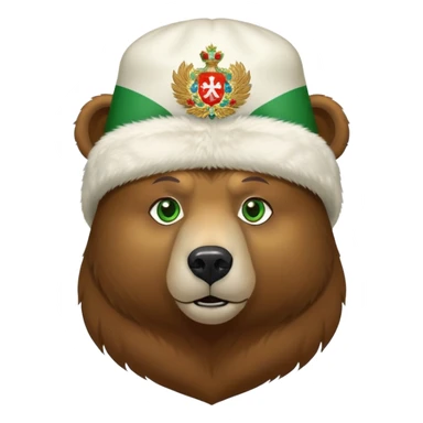 Bear head only, brown fur and green eyes, white ushanka hat with extremely accurate Russian Federation coat of arms with all correct elements and colors, iOS emoji style sticker