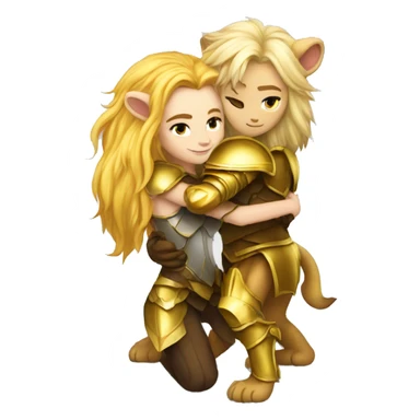 A lion leonin with golden armor hugging a female blonde elf  sticker