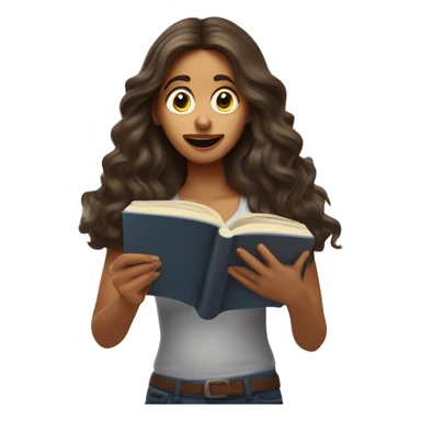 brunette long wavy hair woman shocked face while holding and reading book sticker
