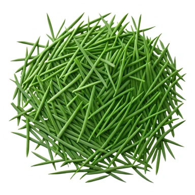 loose scatter of finely chopped dry green herb bits, short tubular shapes, crisp matte texture, uniform thin straight pieces, vibrant to muted green tones, evoking dried chive stalks, soft lighting, subtle shadows, emoji scale sticker