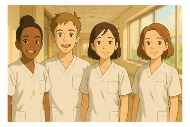 Group of four nursing students in Ghibli style, wearing white short-sleeved medical tunics with V-neck collars and left chest pockets, made of light fabrics. Warm atmosphere, bright hospital background, faces inspired by attached photos, no stethoscopes or visible underwear. sticker