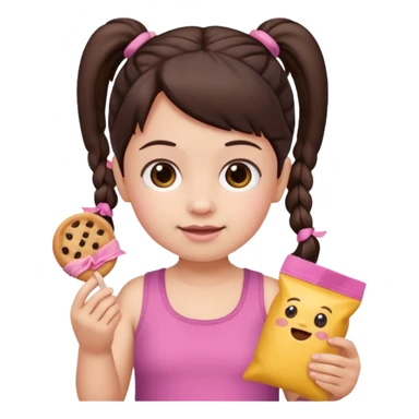 Toddler emoji with two pigtails dark brown hair, fair skin, in pink top, holding toddler snacks sticker