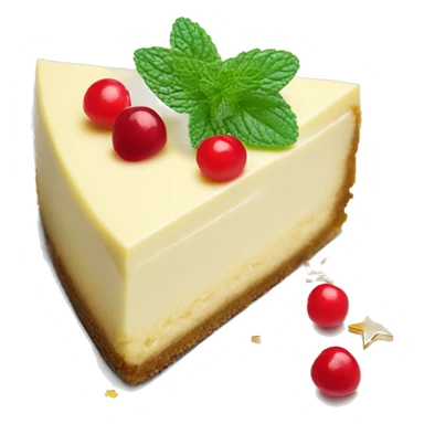 Festive cheesecake slice topped with red berries, edible gold stars, and a sprig of mint sticker