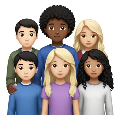 Group of diverse friends standing together, including a dark-skinned boy with straight hair, a light-skinned boy with straight blonde hair, a light-skinned girl with straight black hair, a mixed-race girl with straight brown hair, a light-skinned boy with wavy black hair, a mixed-race girl with dark curly hair, and in the center a light-skinned girl with wavy brown hair sticker