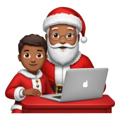 Jeune développeur homme de teint noir, assis devant un ordinateur portable affichant du code, dans une ambiance de week-end festive. À côté de lui se tient le Père Noël, souriant, portant sa tenue traditionnelle rouge et blanche.  sticker