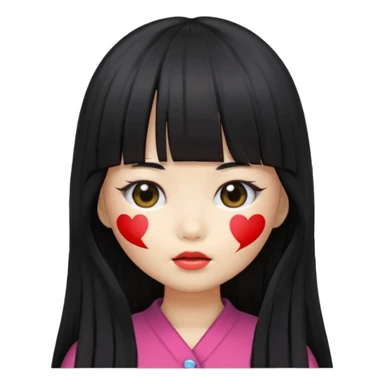 girl with long black hair, Korean style bangs covering her face, doll emoji style sticker