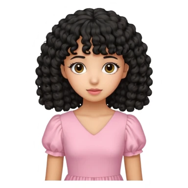 uma menina de pele oliva e cabelos pretos encaracolados e com franja encaracolada e um vestido rosa pastel sticker