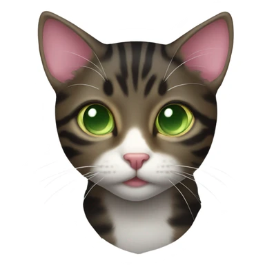 Black brown tabby cat with pink nose green eyes and white chest sticker