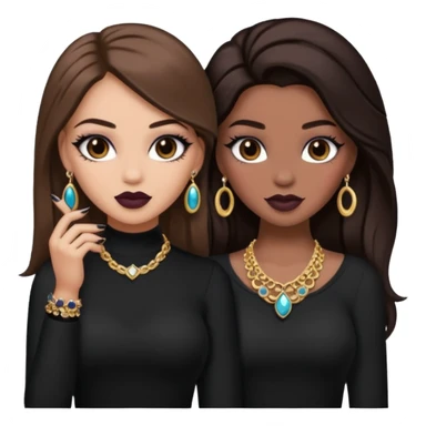 Boujy baddie best friends, trendy heavy makeup both dark hair one light skinned and one mocha brown pretty hair style both wearing black and jewelery  sticker