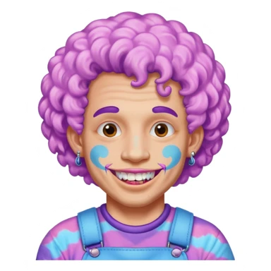 very cheerful colorful puffy violet curly haired man made out of cotton candy wearing teeth-braces and tattoos and face tattoos just face  sticker