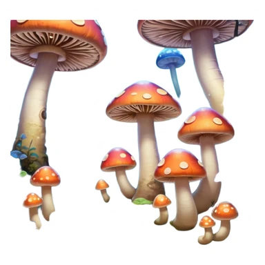  "A whimsical mushroom world filled with giant glowing mushrooms, soft bioluminescent spores floating through the air, and friendly oversized snails with colorful spiral shells exploring the landscape. Fantasy atmosphere, vibrant colors, dreamy lighting, highly detailed sticker