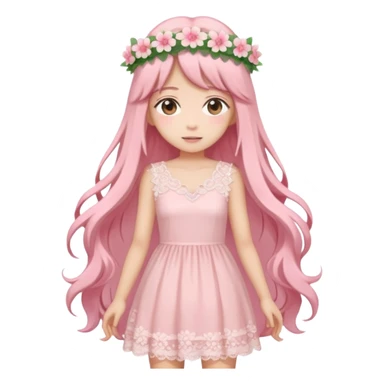 pastel anime woman with pink and white lace dress full body and long hair with flower crown sticker