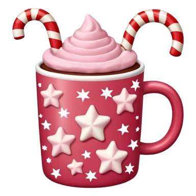 hot chocolate in red and pink pastel christmas mug with stars and candy cane, trendy aesthetic sticker