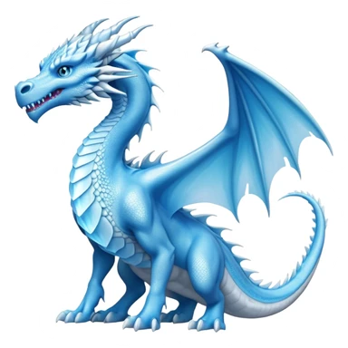 Cinematic Noble wise elegant Ice Dragon full body  Emoji, Poised and imposing, distinct long elegant snout, with a slender, scaled body shimmering in glacial hues of icy blue, frostbitten silver, and crystalline white, breathing out frost, with piercing, glowing ice blue white eyes that radiate the chilling depths of an arctic storm; rendered in detail. excuding wisdom sticker