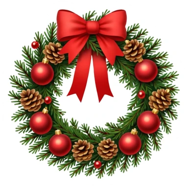 A Christmas wreath made entirely of fir trees, decorated with a single red bow at the bottom, pine cones, and Christmas tree balls. sticker